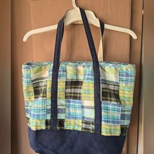 Plaid Patchwork Tote Bag - Blue and Green